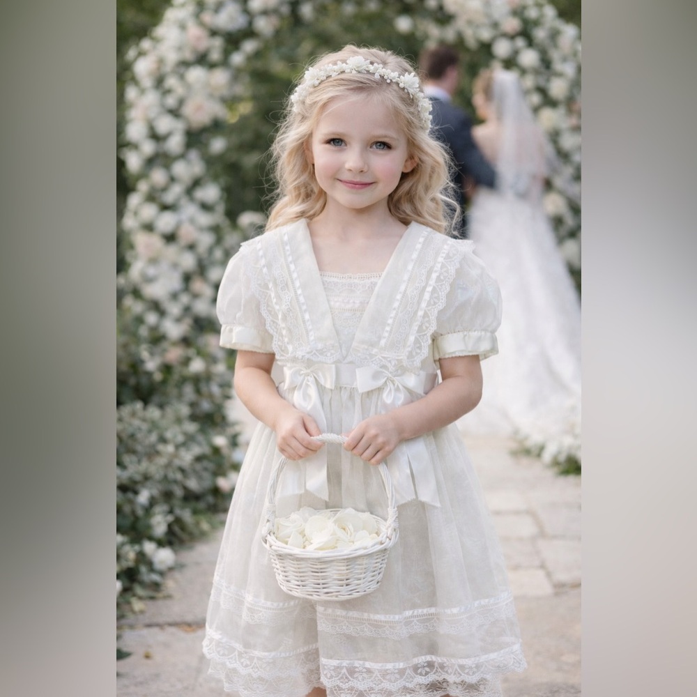 Vintage Jessica McClintock Bridal Elegant White Lace Little Girls Dress